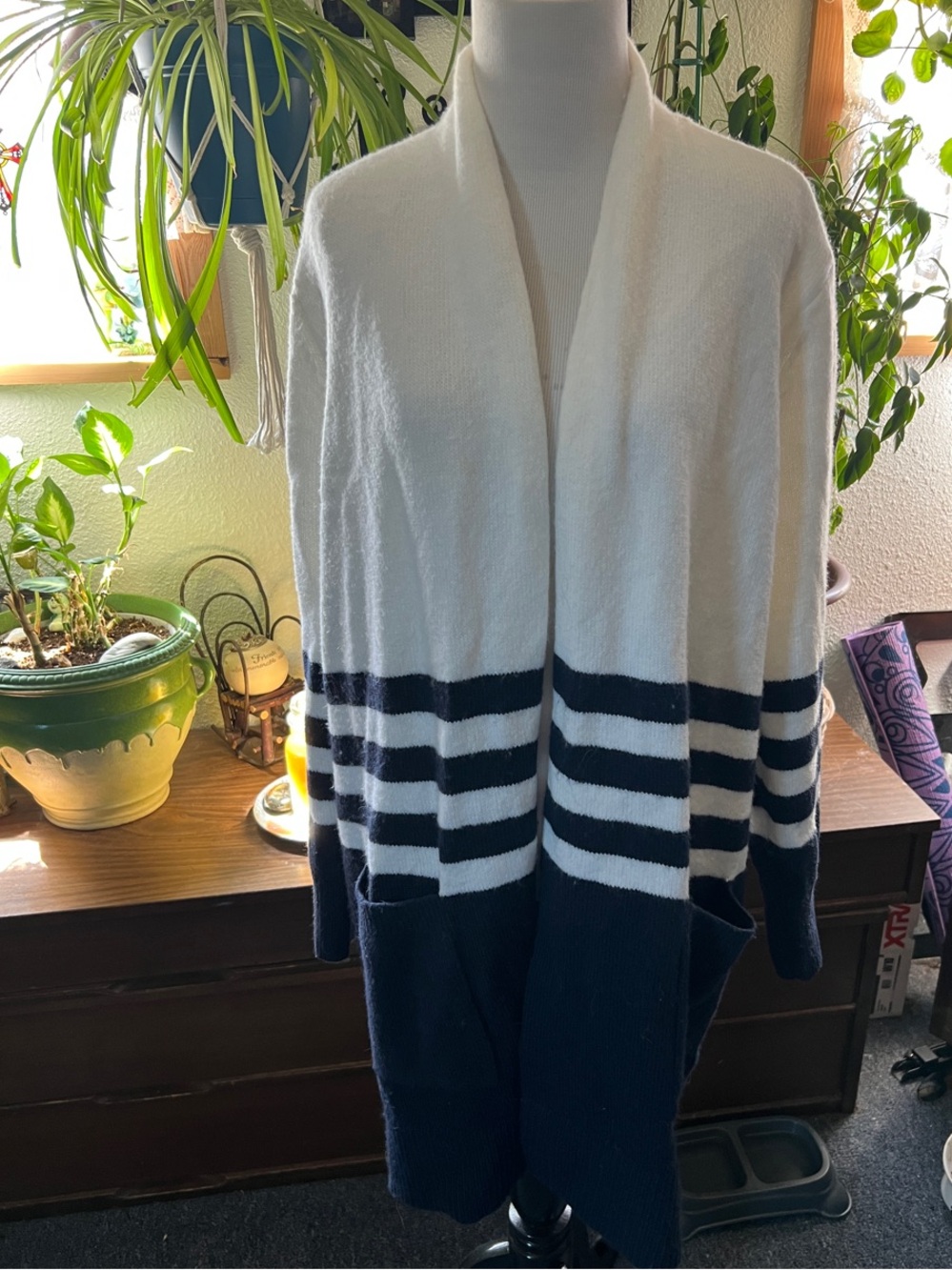 Michael Kors Cream & Navy Striped Open-Front Cardigan